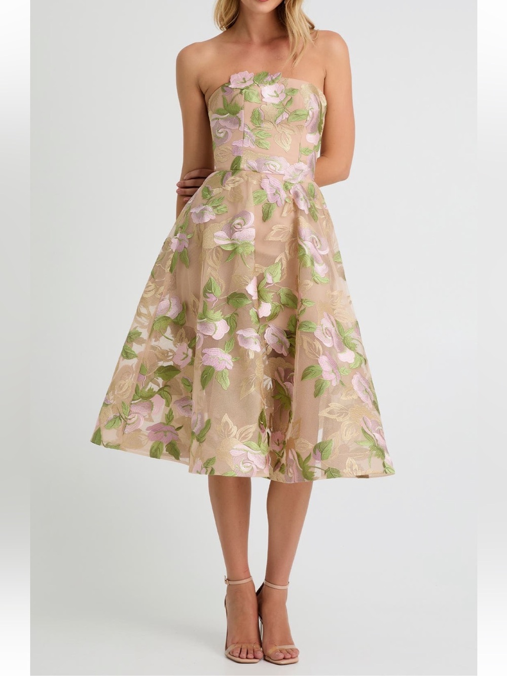 helsi noemi tan & pink floral embroidered strapless A-line midi dress size XS